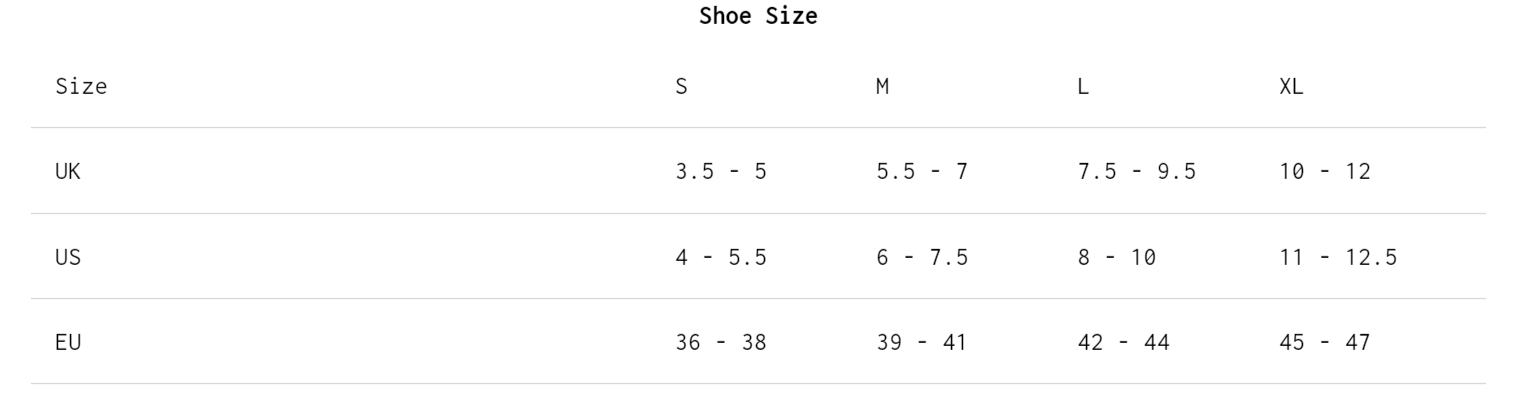 Rule 28 Sock & Over Shoes Size Guide