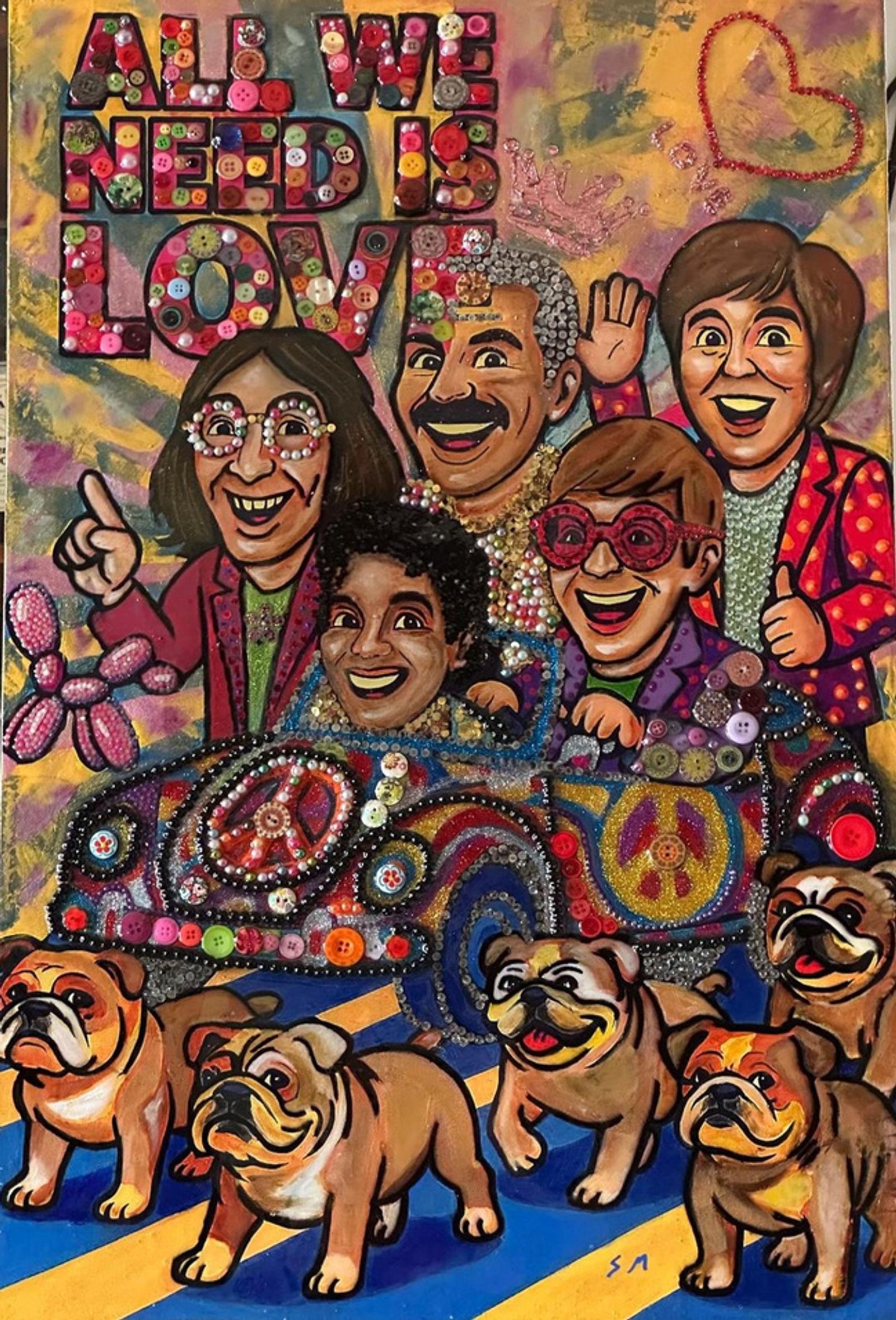 All We Need Is Love — Acrylic, mixed media, modeling paste, gold leaf, stones, buttons, and collage on canvas