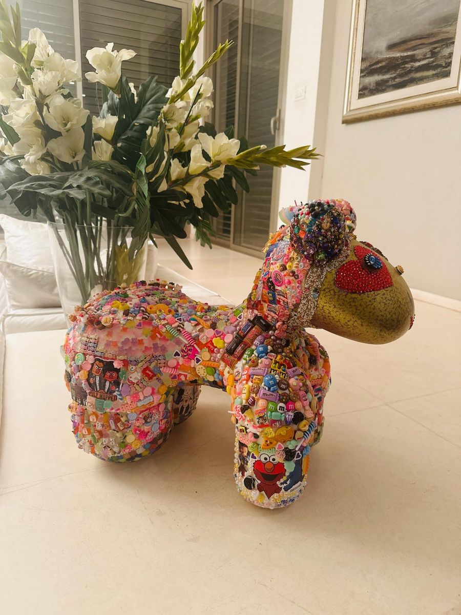 Joyful Companion — Mixed media sculpture, found objects, beads, buttons, acrylic, and resin