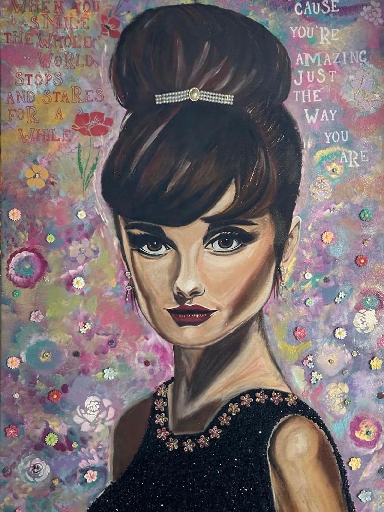 When You Smile — Acrylic, mixed media, modeling paste, gold leaf, stones, and collage on canvas