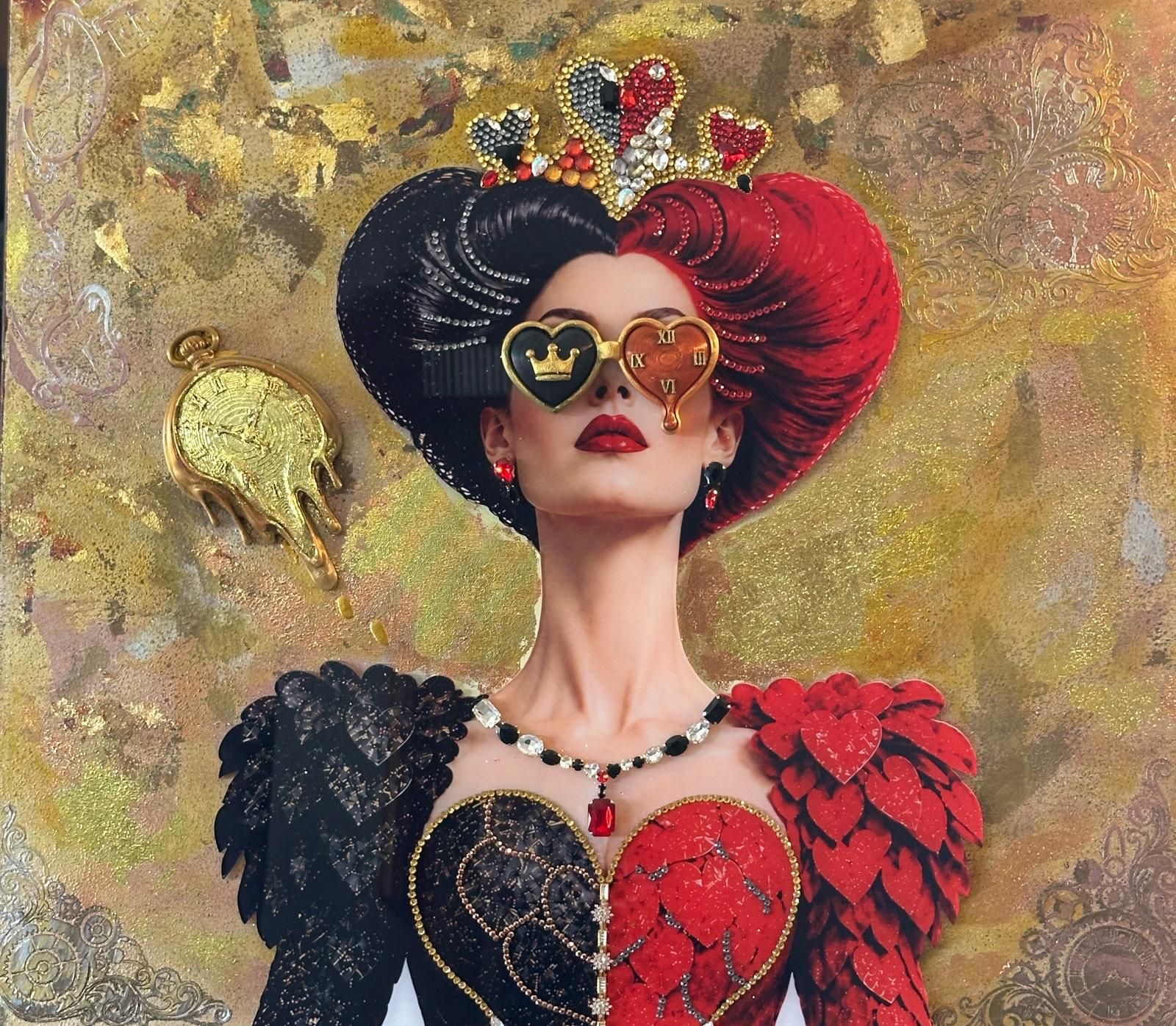 When Time Stood Stil — Mixed media on canvas: graffiti spray paint, photographic print on Perspex (acrylic glass), 3D-printed elements, decorative stones, and gold leaf.