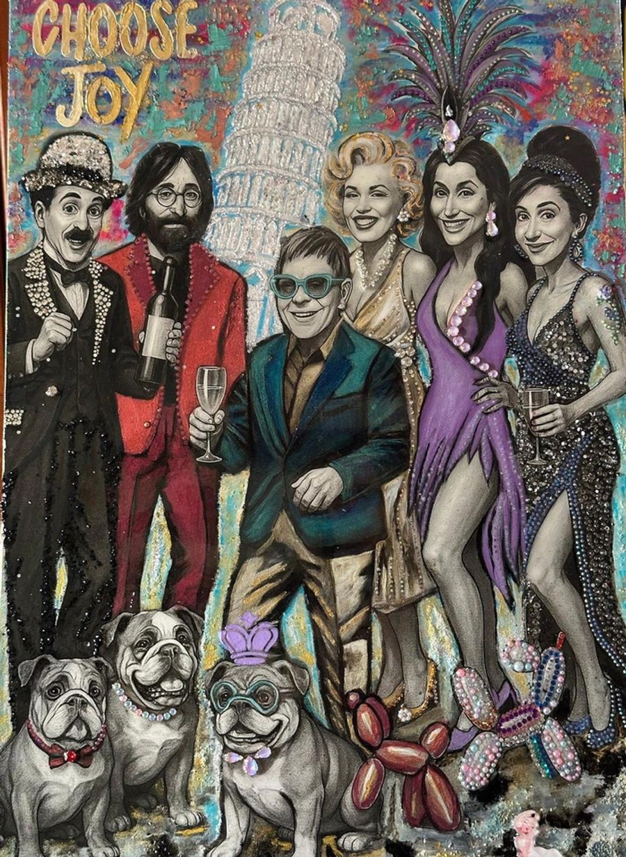 A Meeting of Joy — Acrylic, mixed media, AI-assisted imagery, modeling paste, gold leaf, and stones on canvas