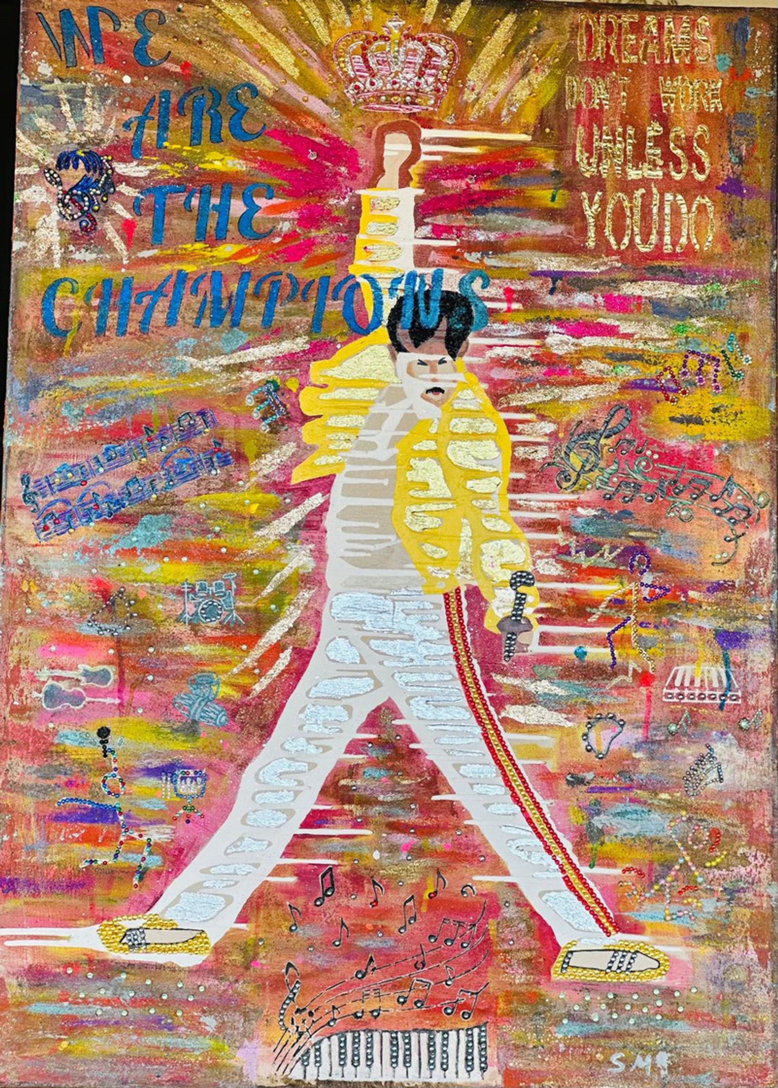 We Are the Champions — Acrylic, mixed media, modeling paste, gold leaf, stones, and collage on canvas