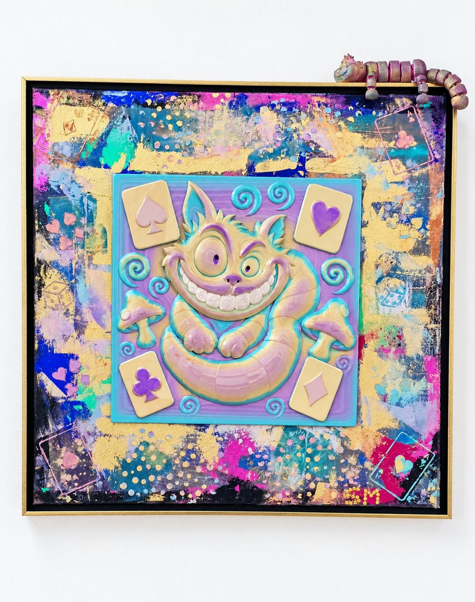 The Grin That Escaped — Mixed media on canvas: hand-painted 3D-printed sculptural reliefs mounted on canvas, combined with a vibrant, multilayered acrylic-painted background.