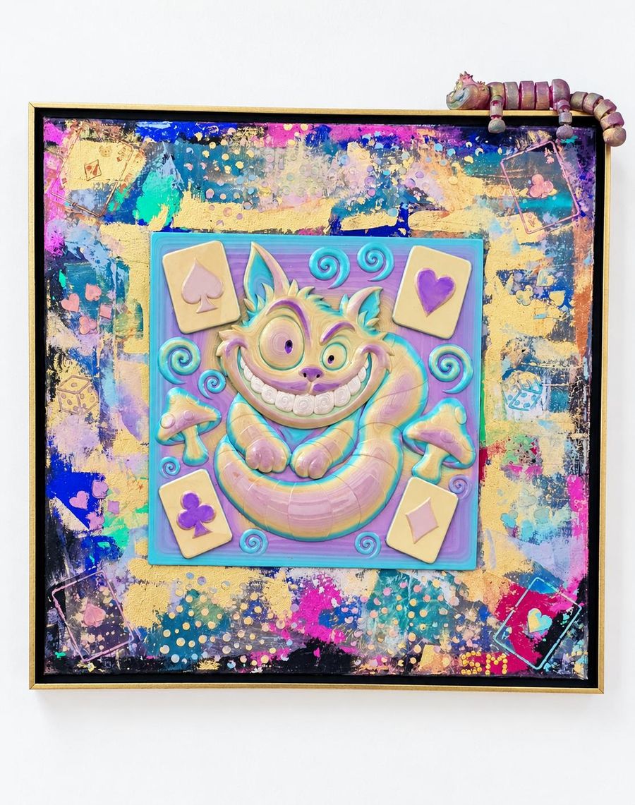 The Grin That Escaped — Mixed media on canvas: hand-painted 3D-printed sculptural reliefs mounted on canvas, combined with a vibrant, multilayered acrylic-painted background.