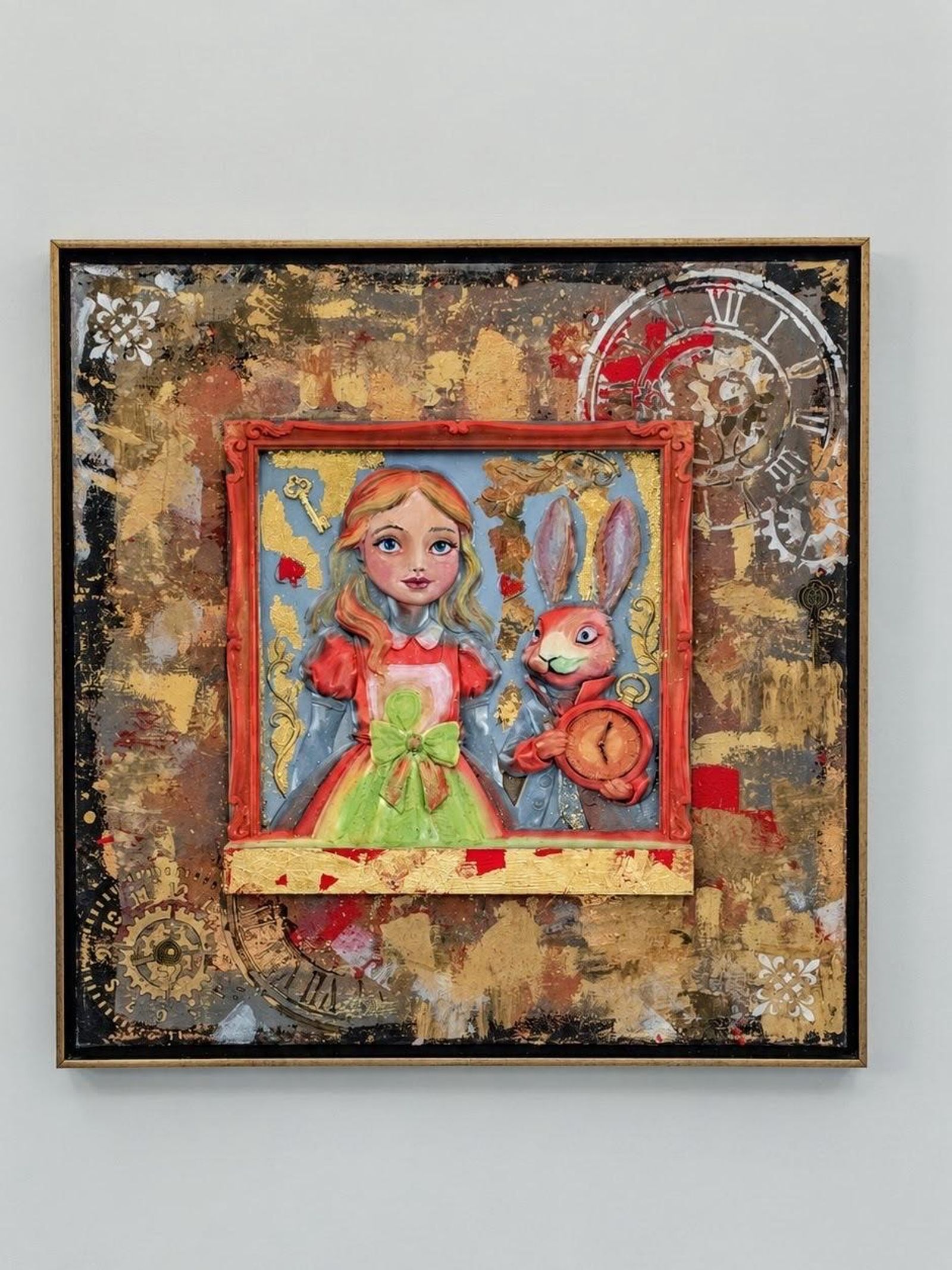 Beyond the Frame — Mixed media on canvas: hand-painted 3D-printed relief embellished with gold leaf, combined with acrylic paint, modeling paste, stenciling, and gold leaf in the background.