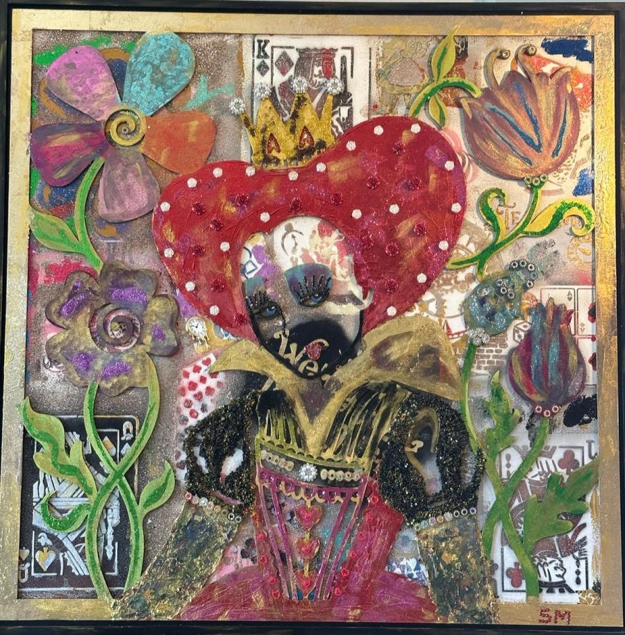 The Queen’s Other Garden — Mixed media on wood: graffiti-inspired background, stenciling, cut wood elements, gold leaf, decorative stones, and acrylic paint.