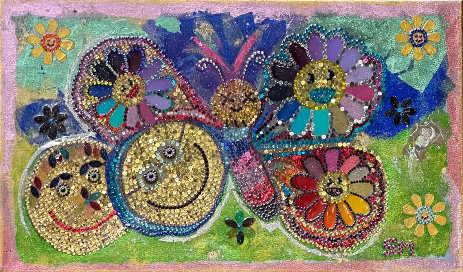 The Garden of Smiles — Stones, gold leaf, and mixed media on canvas