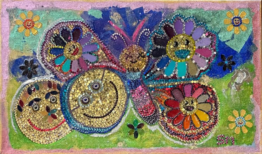 The Garden of Smiles — Stones, gold leaf, and mixed media on canvas