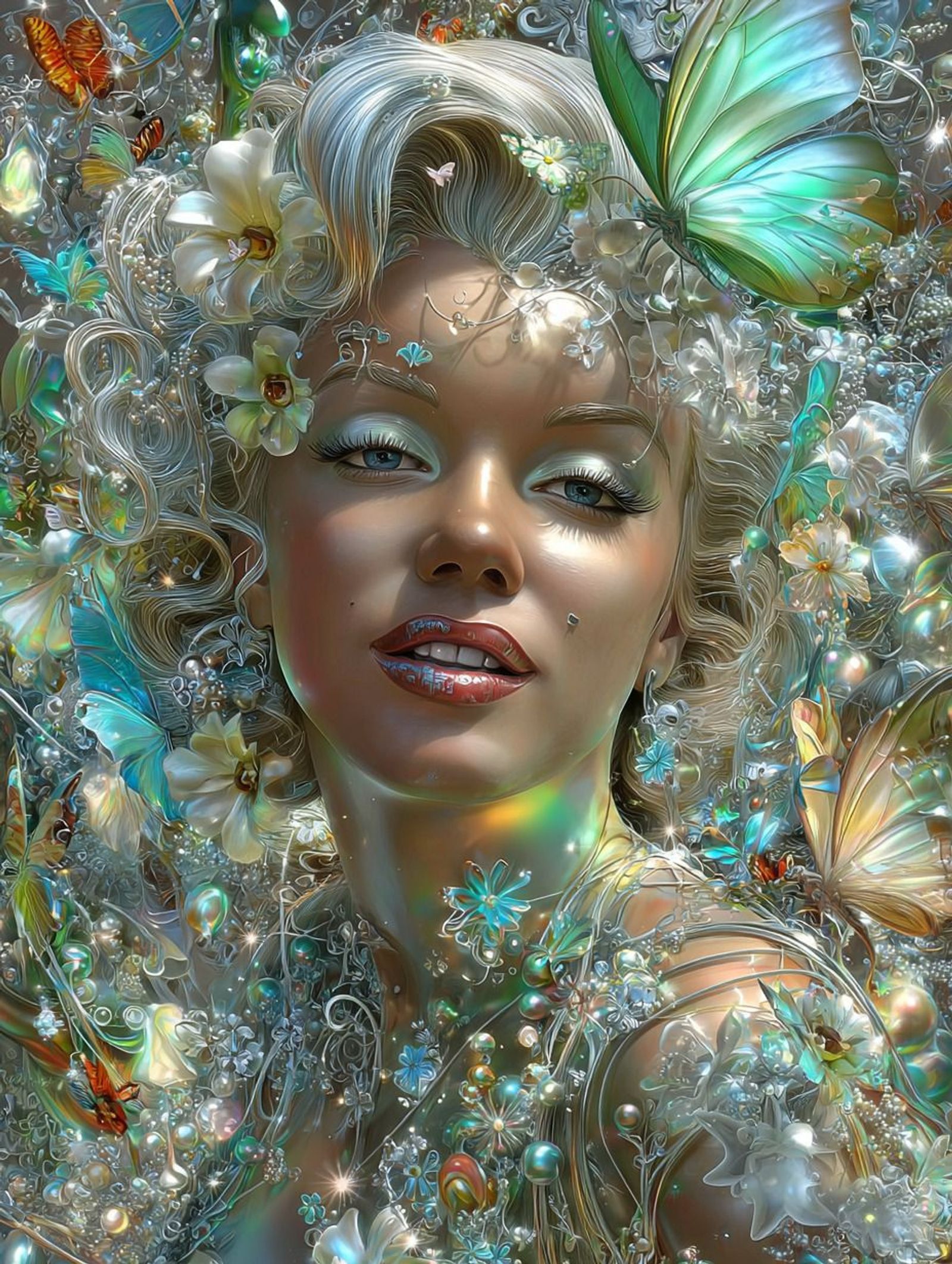 Marilyn – Between Light and Butterflies — AI-assisted digital artwork, printed on glass