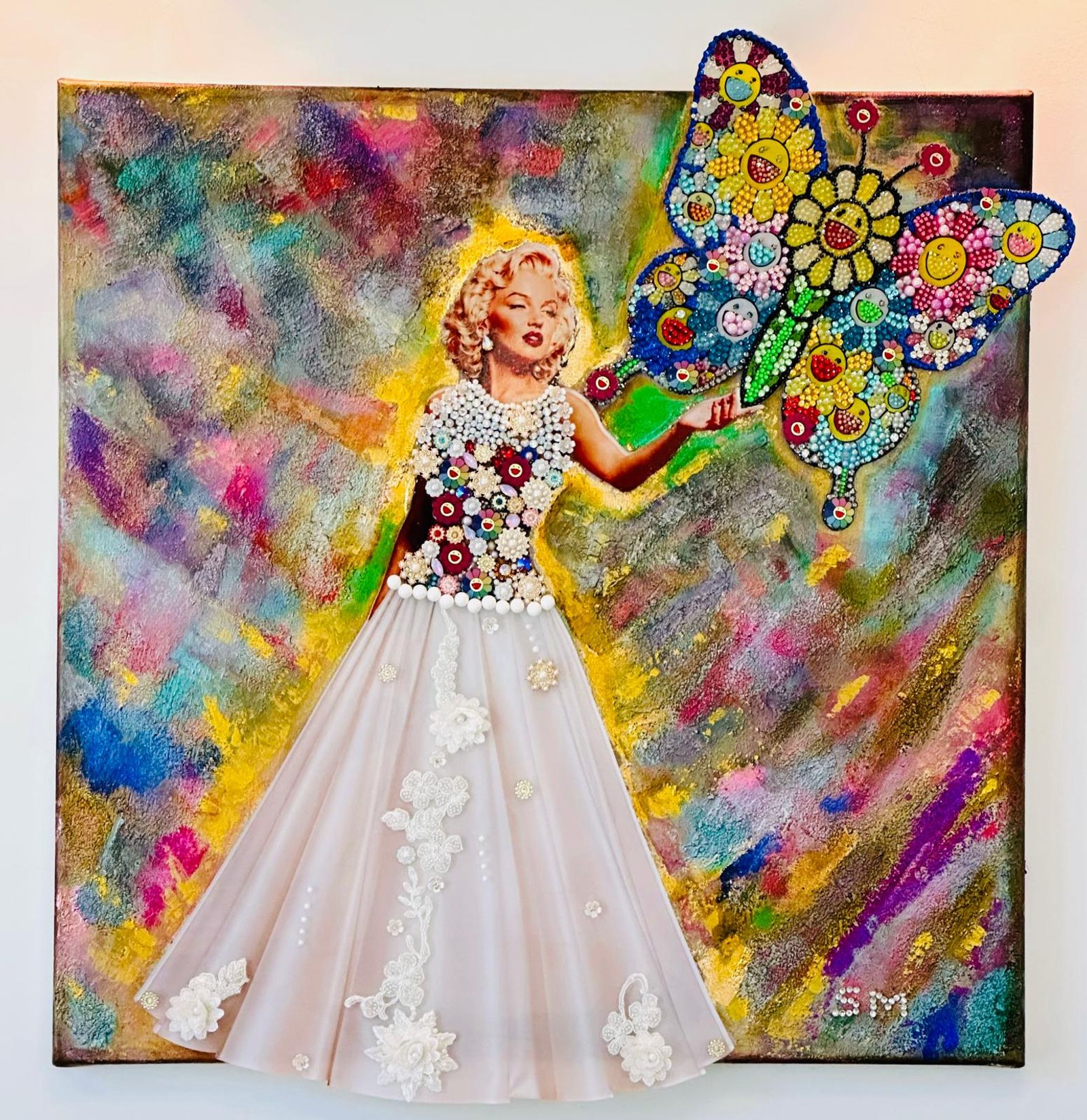 A Toch of Wonder — Mixed Media on Canvas featuring Acrylic, UV-Printed Perspex, Gold Leaf, Sculptural Texture, Lace, Pearls, Rhinestones, and Handcrafted Three-Dimensional Elements