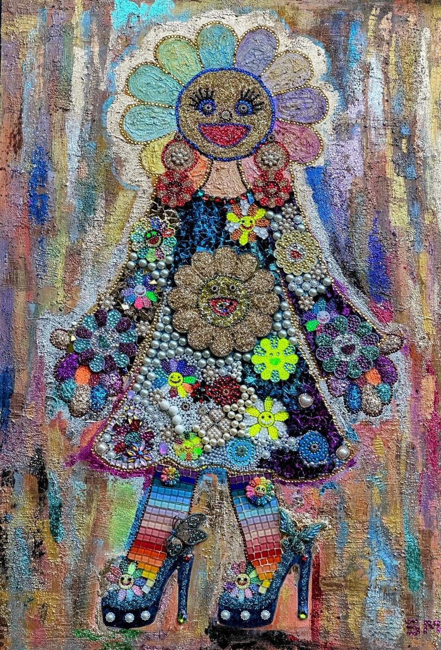 Lola lol — Mixed media on canvas, combining acrylic paint, textured modeling paste, mosaic elements, crystals, and sculptural three-dimensional details.