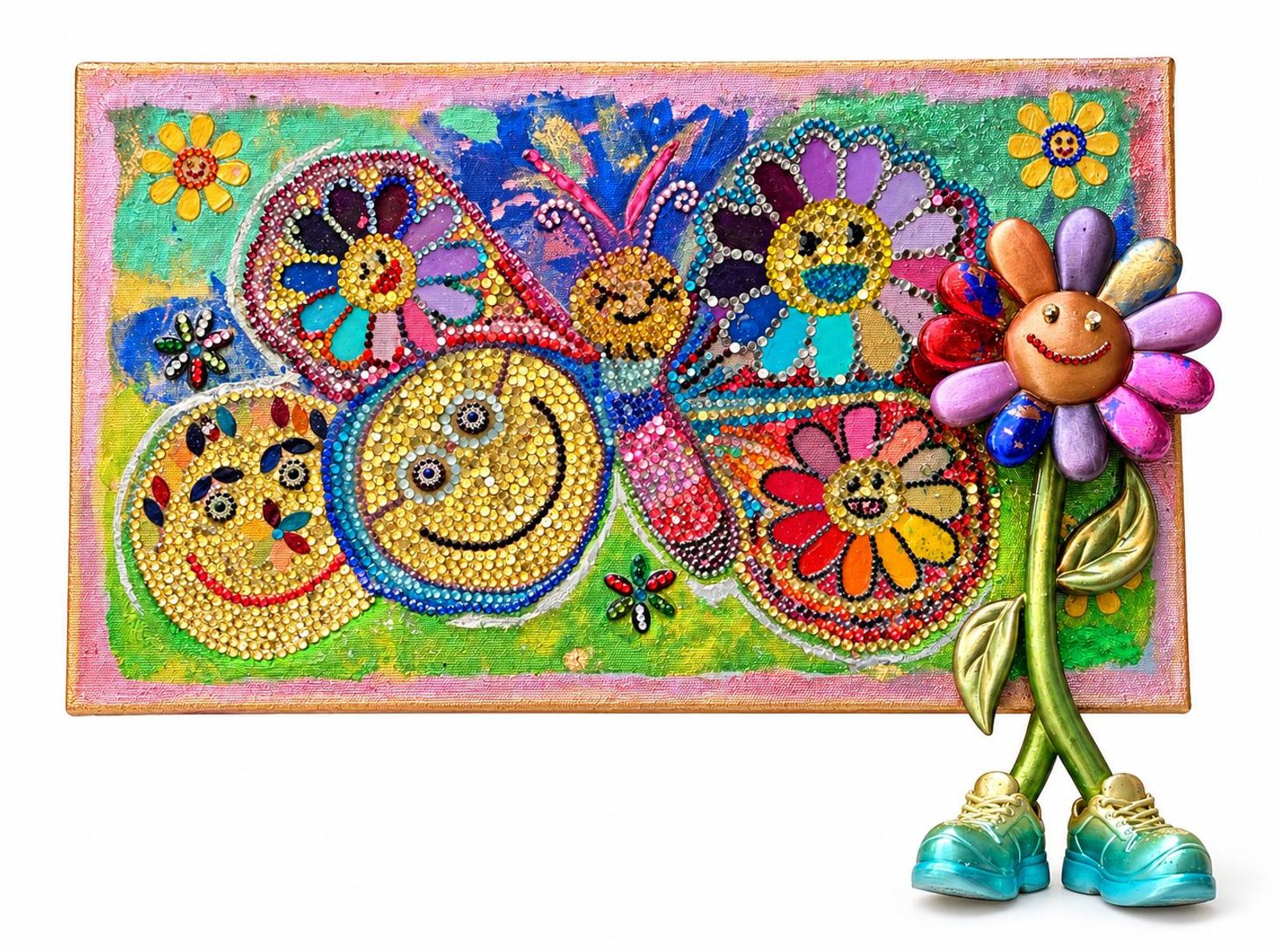 The Garden of Smiles — Stones, gold leaf, and mixed media on canvas