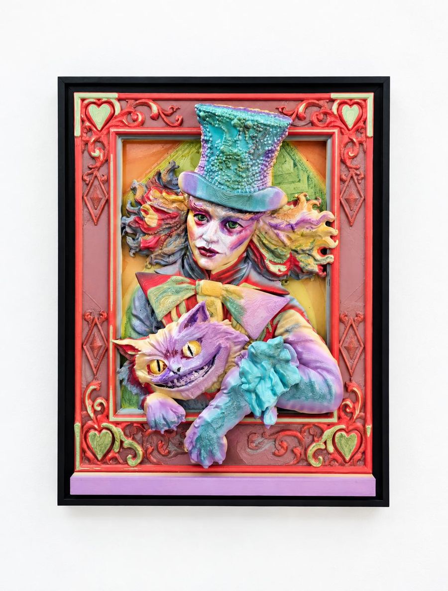 Partners in Madness — Mixed media: hand-painted 3D-printed sculptural relief, acrylic paint, and three-dimensional elements mounted on canvas.