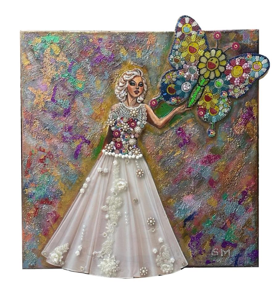 A Toch of Wonder — Mixed Media on Canvas featuring Acrylic, UV-Printed Perspex, Gold Leaf, Sculptural Texture, Lace, Pearls, Rhinestones, and Handcrafted Three-Dimensional Elements