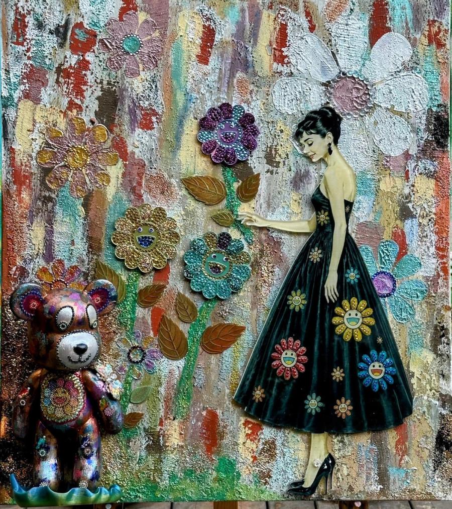 What She Kept — Mixed media on canvas: acrylic paint, modeling paste, collage, print on Perspex, crystals, metallic embellishments, and three-dimensional printed elements.