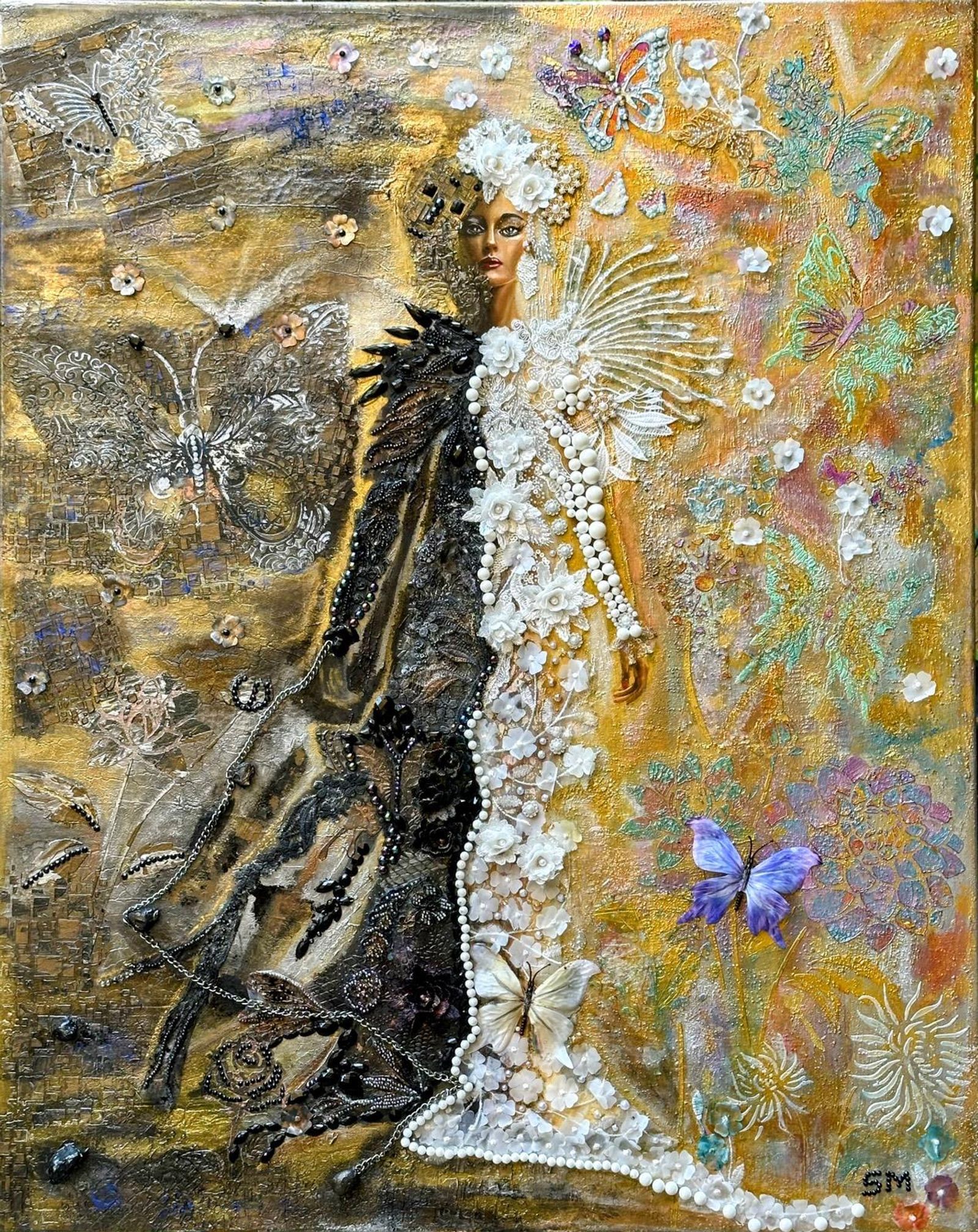 I Choose light — Mixed media on canvas, combining acrylic, modeling paste, fabrics, natural stones, chains, pearls, decorative flowers, and gold leaf.