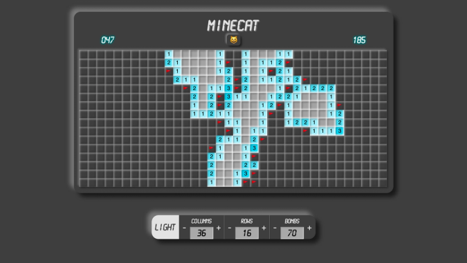 A partially completed game of Minecat in dark mode. The board is 36 columns by 16 rows with 70 mines.