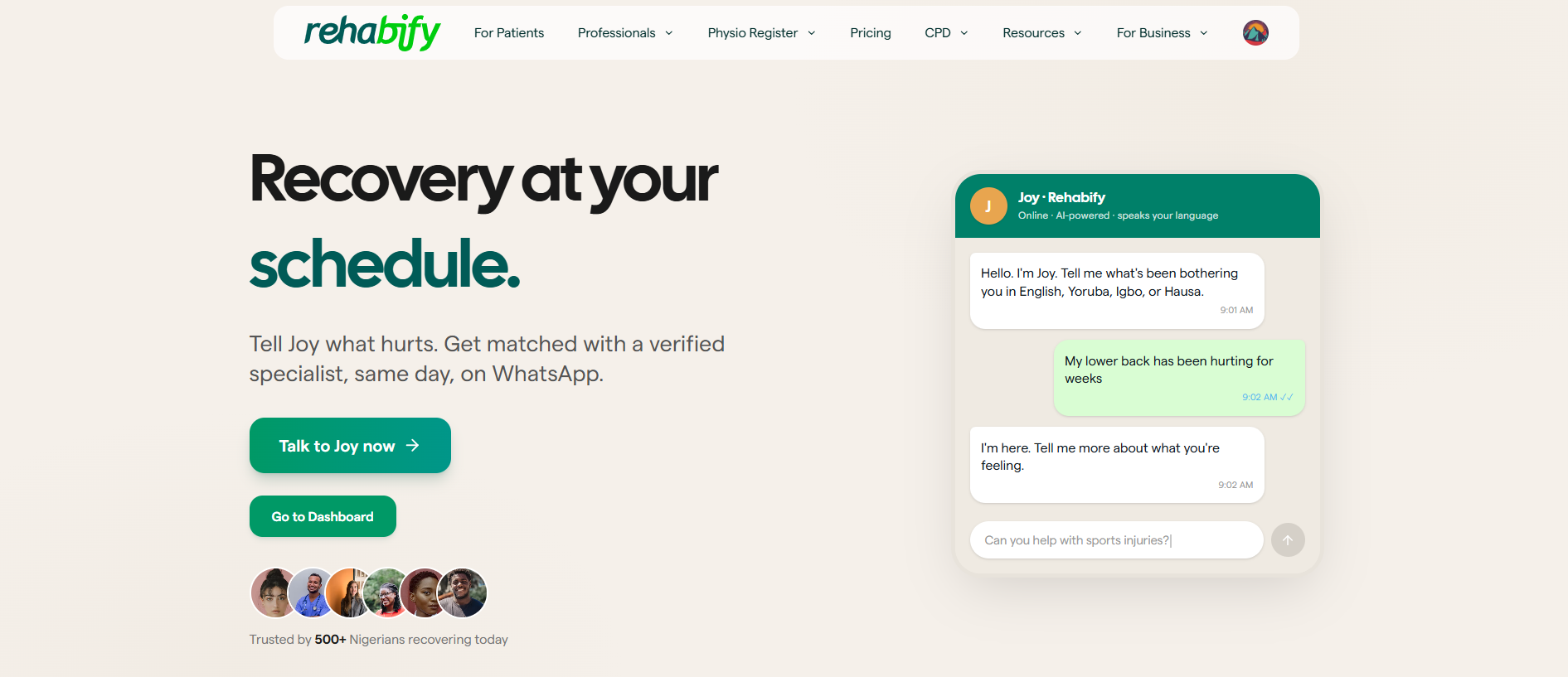 Rehabify Health website and Joy assistant