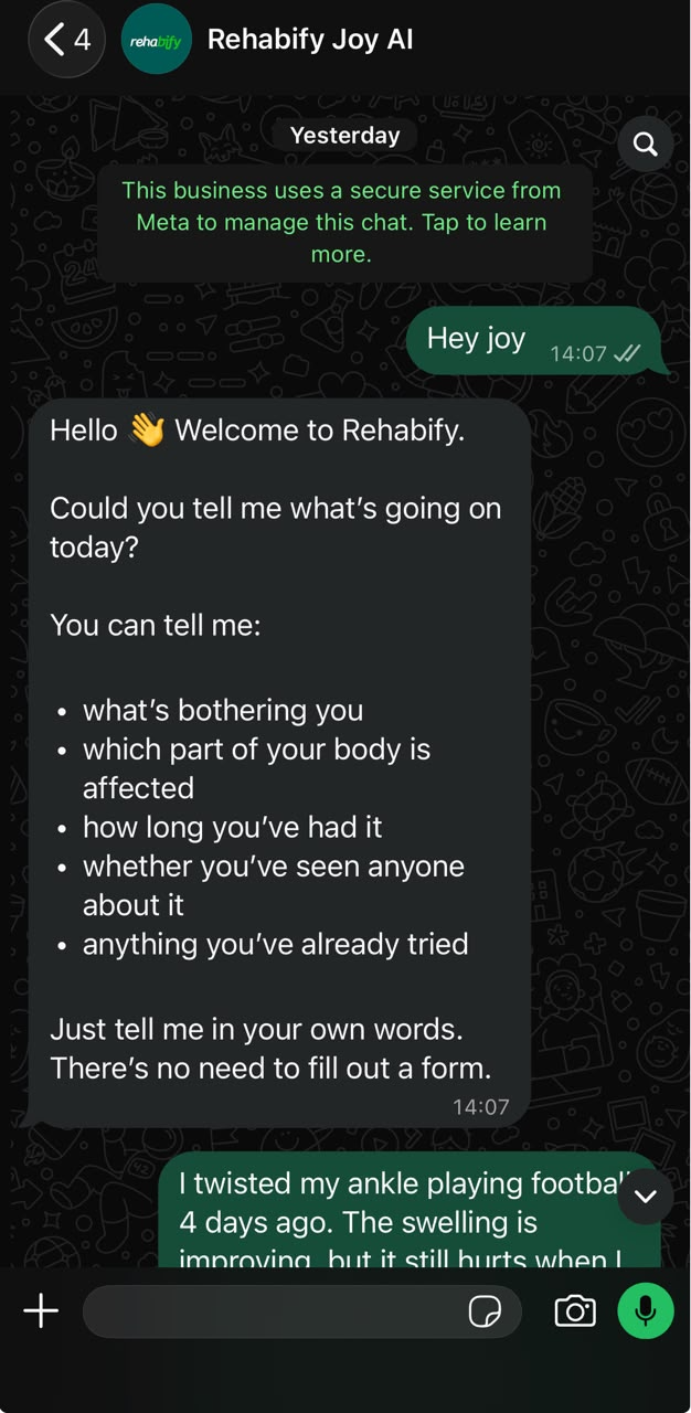 Joy by Rehabify WhatsApp care conversation