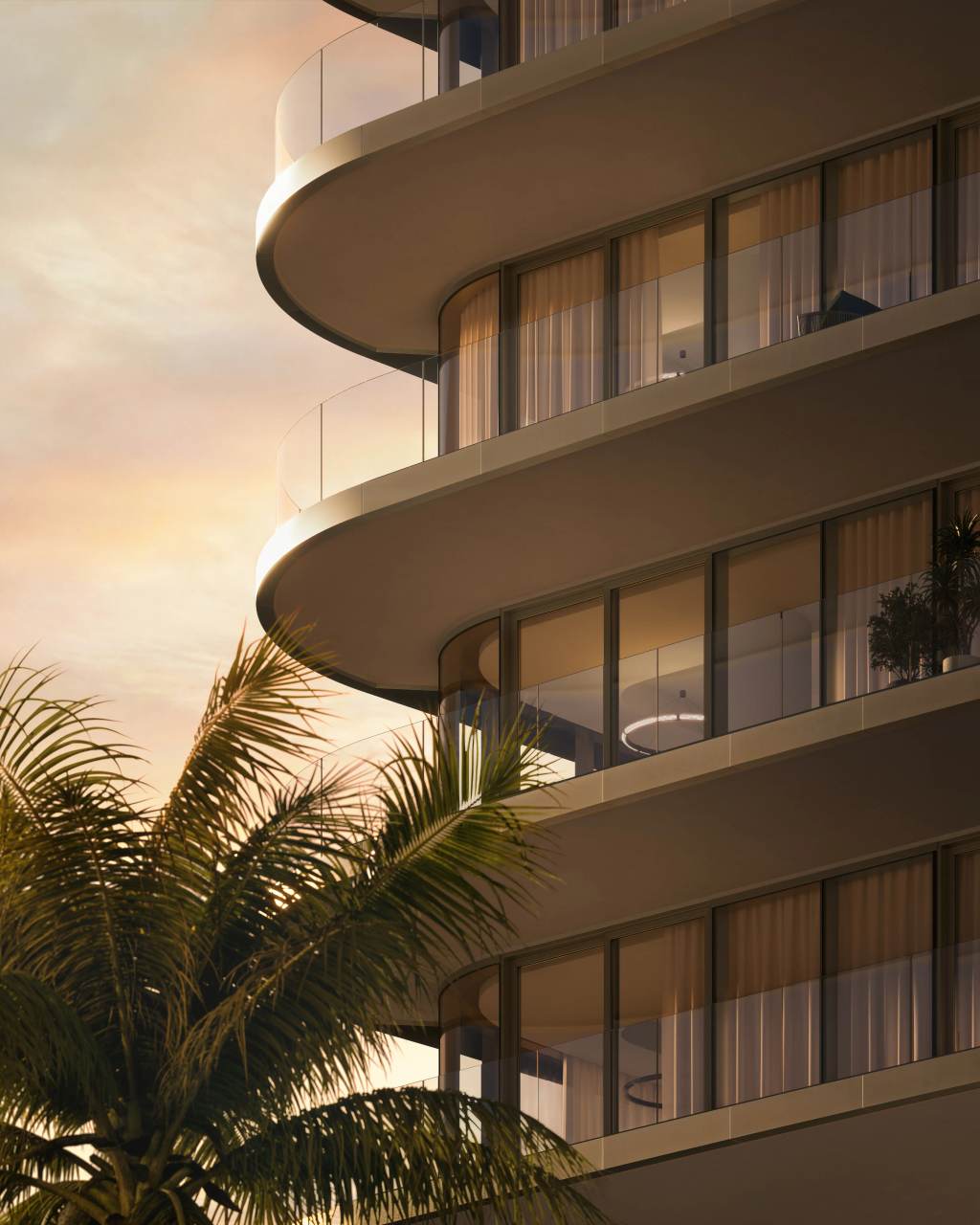 Rendering of LILLI's curved balconies on the condo tower behind palm fronds at sunset