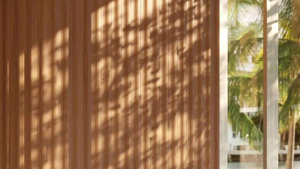 Raked wood panelling with dappled light in the LILLI amenities