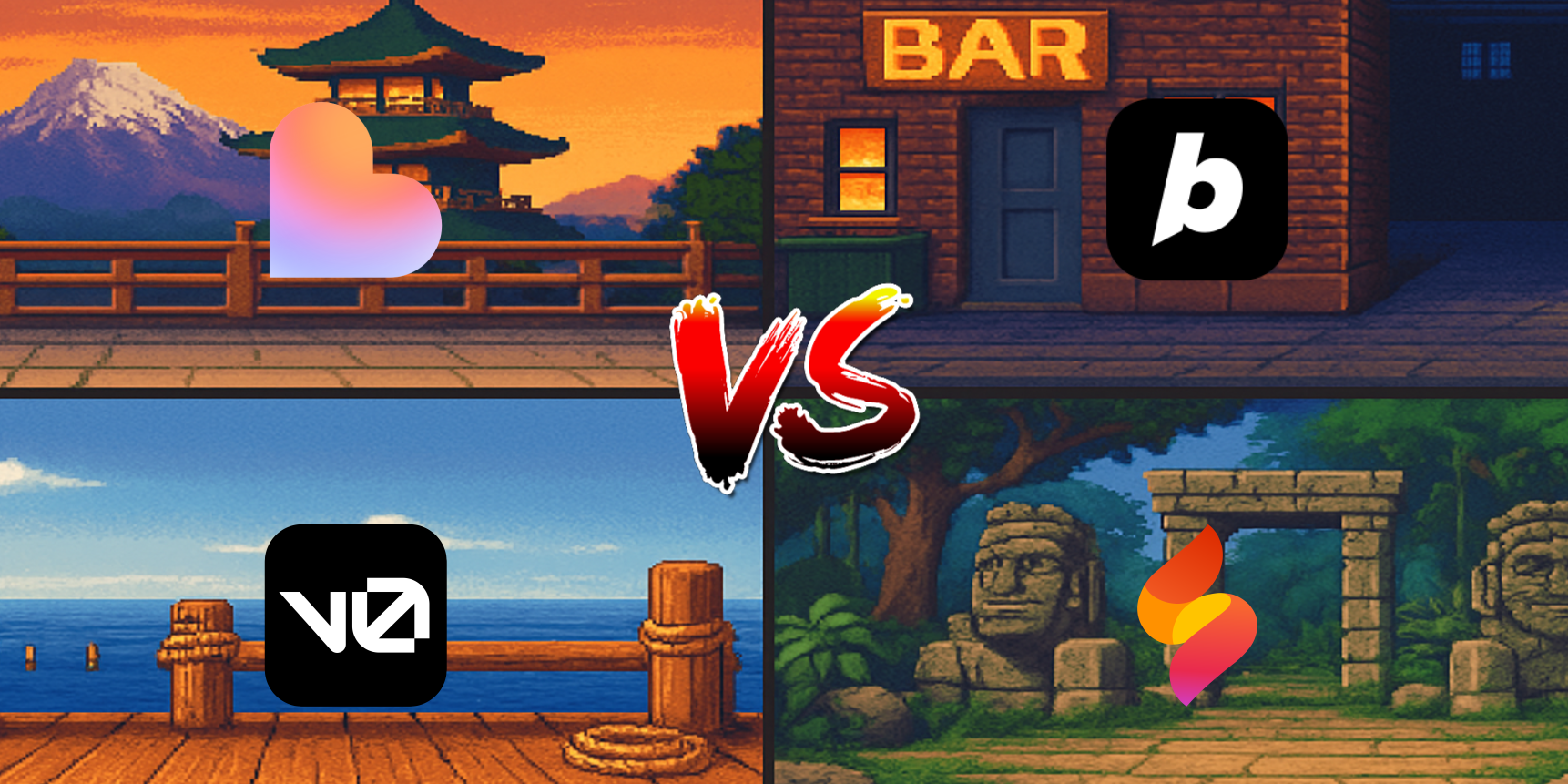 A retro-style Street Fighter-inspired versus screen split into four quadrants, each with the logo of Lovable, Bolt, v0, and Firebase respectively.