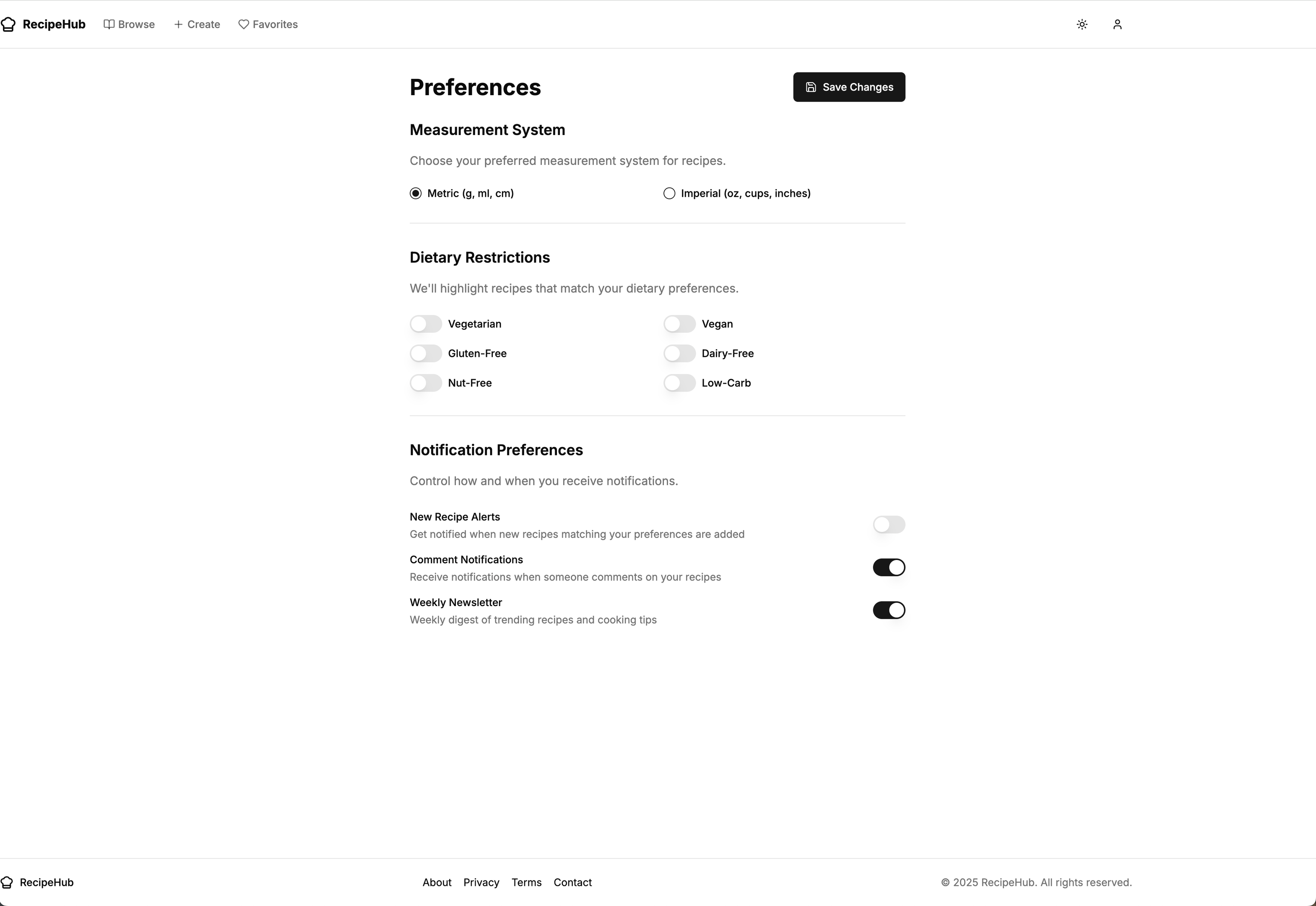 Screenshot of the user preferences page for the v0 app.