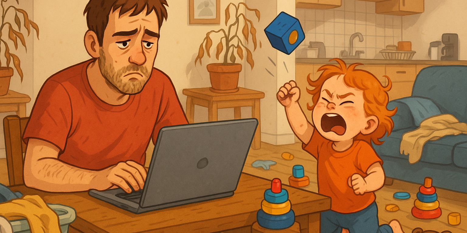 A tired father works on a laptop in a messy room filled with toys, wilted plants, and a tantrum-throwing toddler girl with strawberry blonde hair.