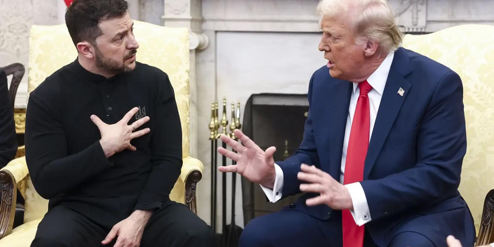 Zelenskyy and Trump during their press conference in the Oval Office.