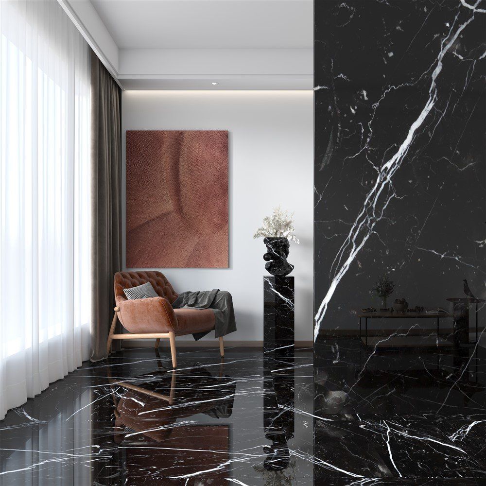 Alexander Black Mermer cilalı zemin ve duvar uygulaması, modern salon