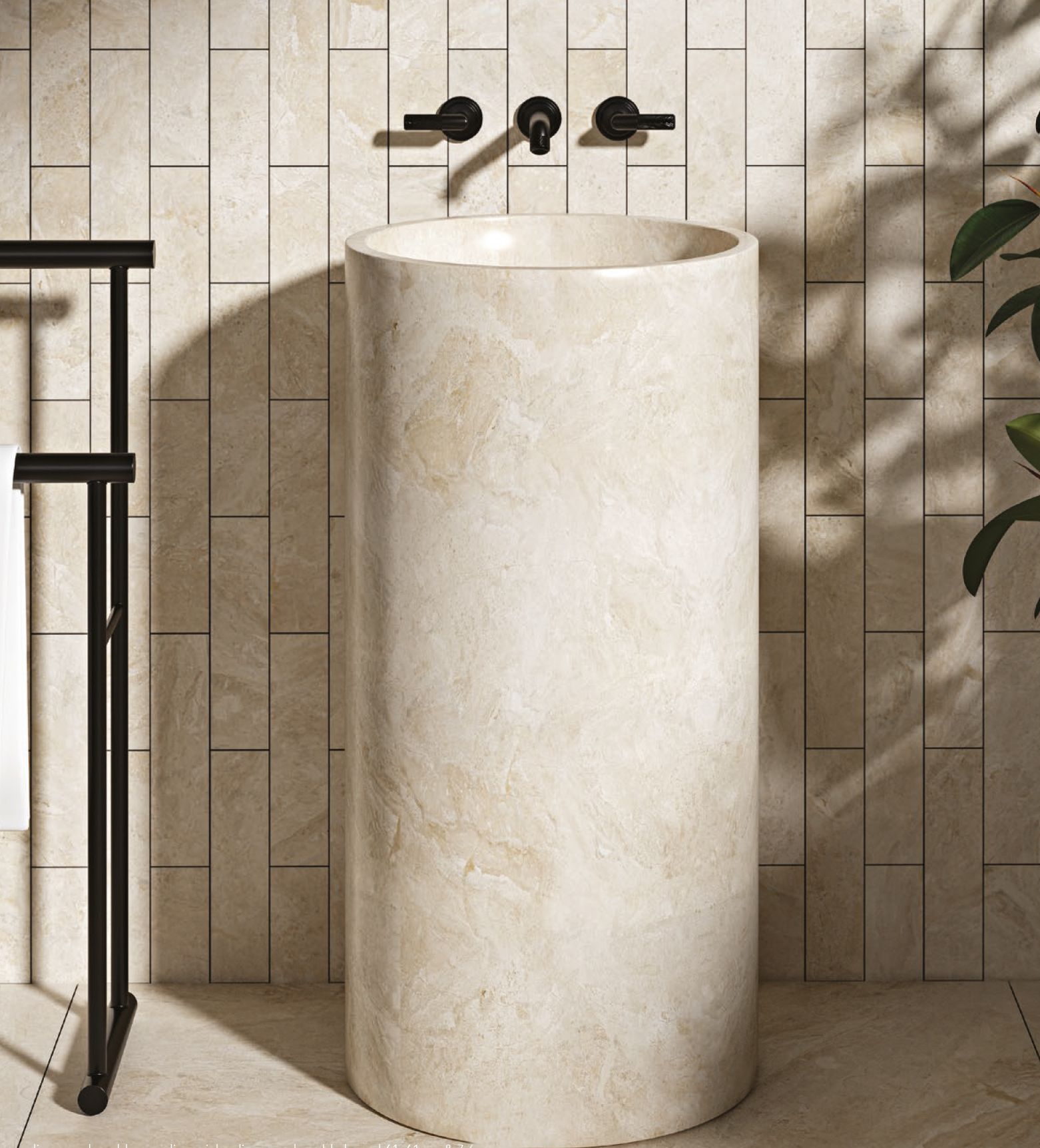 Mermer lavabo, krem silindirik ayaklı sütun model banyo uygulaması