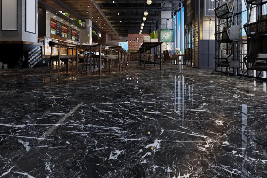 Alanya Siyahı Mermer cilalı zemin uygulaması, ticari mekan kafe ve restoran