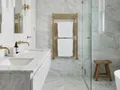 Carrara Mermer banyo zemin, duvar ve tezgah uygulaması, lüks banyo tasarımı