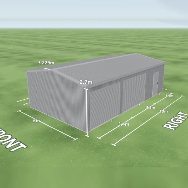 Bluegum shed in Bluegum and Bluegum, two Bluegum roller doors and one PA door on the right side, on a 6 by 10 metre slab.
