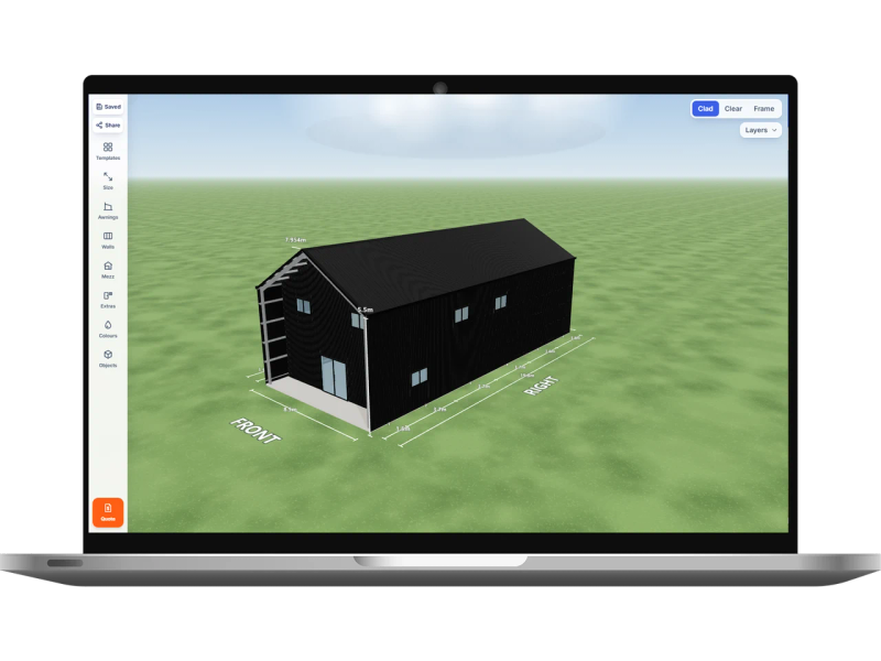 Laptop showing the Shed Designer 3D configurator with a shouse 8.5 m wide by 19.8 m long with 5.5 m walls, one sliding door and two windows on the internal wall, three windows on the right side, an open front end and five mezzanine floors, Night Sky walls and a Night Sky gable roof.
