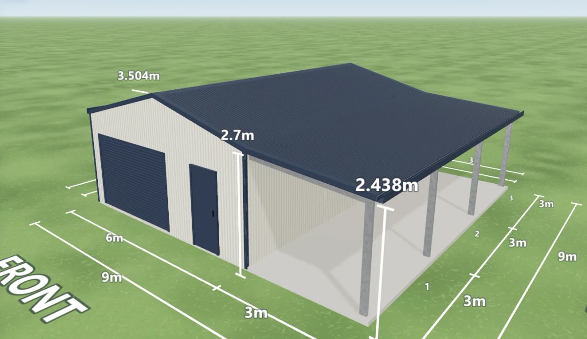 Garage with awning 6 m wide by 9 m long with 2.7 m walls, one Deep Ocean roller door and a PA door on the front gable end and a 3 m open skillion awning down the right side, Surfmist walls and a Deep Ocean roof, shown in the Shed Designer 3D configurator.