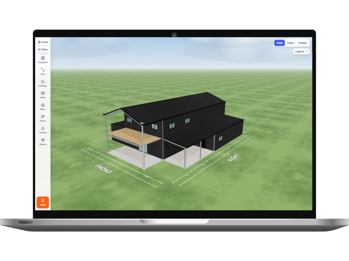 Laptop showing the Shed Designer 3D configurator with a shed house 8.5 m wide by 22 m long with 6 m walls, one sliding door, one PA door and three windows on the internal wall, three windows on the right side, a 4 m enclosed awning over five bays down the left side, a 4 m enclosed awning over five bays down the right side, an open front end and five mezzanine floors, Monument walls and a Night Sky gable roof.