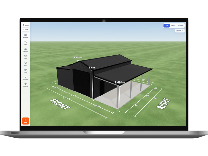 Laptop showing the Shed Designer 3D configurator with a campervan shed 4.5 m wide by 9 m long with 3.6 m walls, one Night Sky roller door 3.3 m wide on the front, one PA door on the right side, a 3.5 m enclosed awning down the left side and a 3.5 m open awning down the right side, Monument walls and a Monument American barn roof.