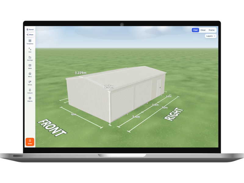 Laptop showing the Shed Designer 3D configurator with a Surfmist shed 6 m wide by 10 m long with 2.7 m walls, two Surfmist roller doors and one PA door on the right side, Surfmist walls and a Surfmist gable roof.
