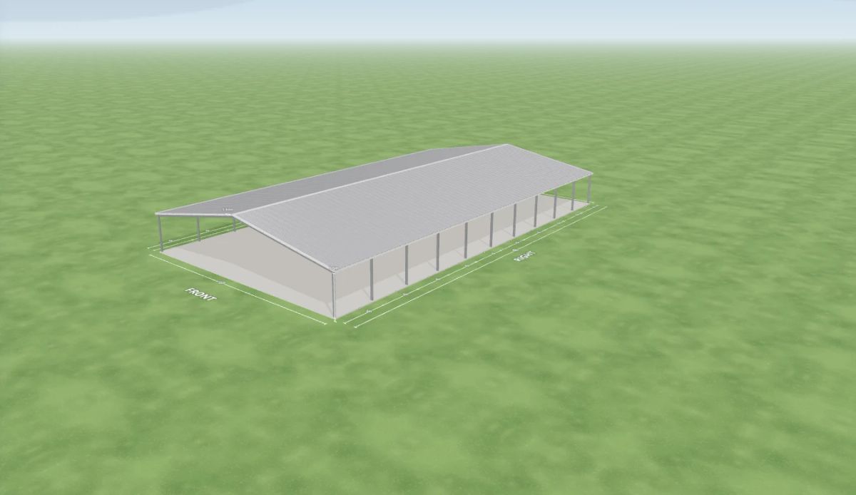 Cattle yard cover 22 m wide by 40 m long with 3.5 m walls, an open front end, an open rear end, ten open bays on the left side and ten open bays on the right side, Zincalume walls and a Zincalume gable roof, shown in the Shed Designer 3D configurator.