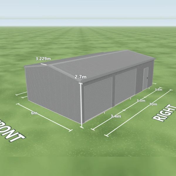 Windspray shed in Windspray and Windspray, two Windspray roller doors and one PA door on the right side, on a 6 by 10 metre slab.