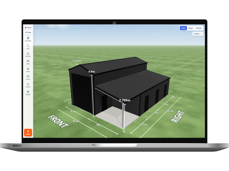 Laptop showing the Shed Designer 3D configurator with a tack room shed 4.5 m wide by 12.1 m long with 4.8 m walls, one Night Sky roller door 3.6 m wide on the front, four PA doors on the right side and a 4 m enclosed awning down the right side, Monument walls and a Monument American barn roof.