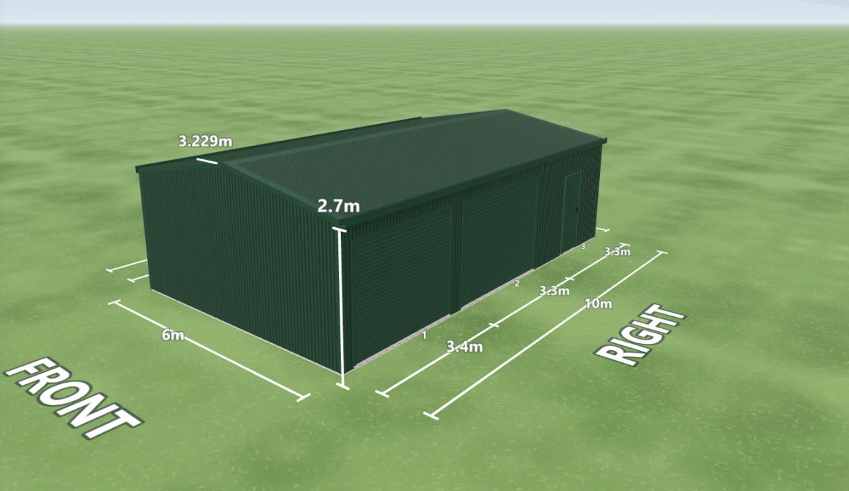 Cottage Green shed 6 m wide by 10 m long with 2.7 m walls, two Cottage Green roller doors and one PA door on the right side, Cottage Green walls and a Cottage Green gable roof, shown in the Shed Designer 3D configurator.