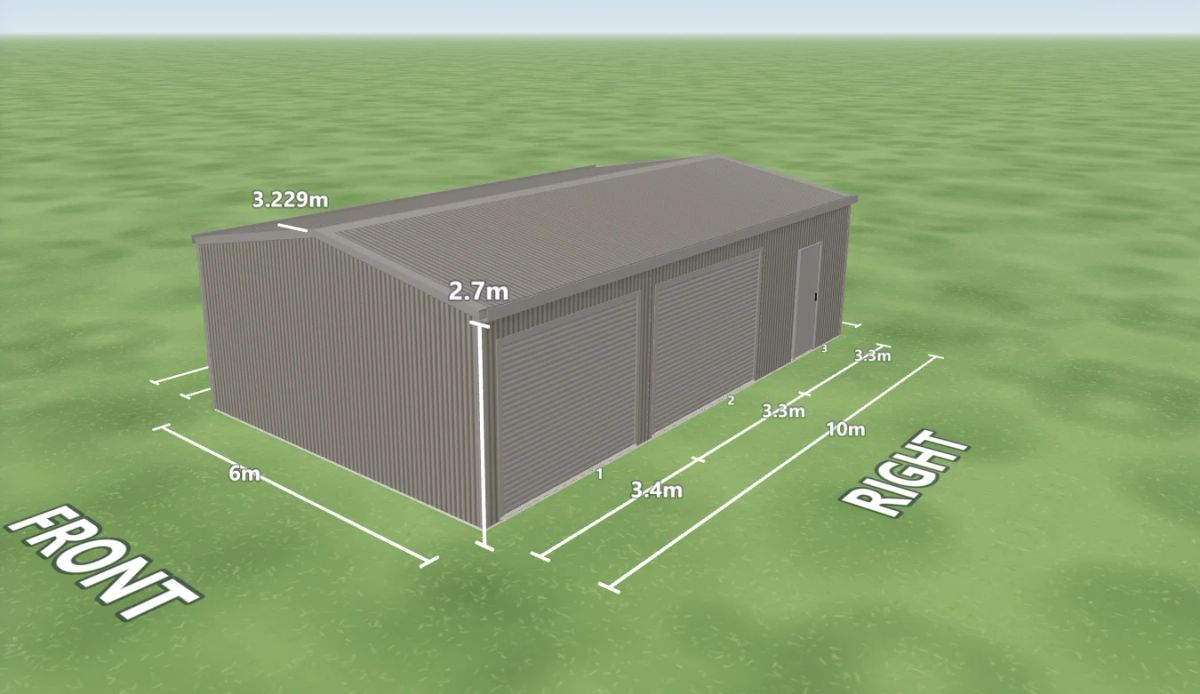 Wallaby shed 6 m wide by 10 m long with 2.7 m walls, two Wallaby roller doors and one PA door on the right side, Wallaby walls and a Wallaby gable roof, shown in the Shed Designer 3D configurator.