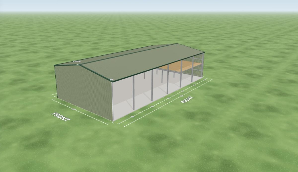 Storage shed 12 m wide by 24 m long with 5 m walls, six open bays on the right side and two mezzanine floors, Pale Eucalypt walls and a Pale Eucalypt gable roof, shown in the Shed Designer 3D configurator.