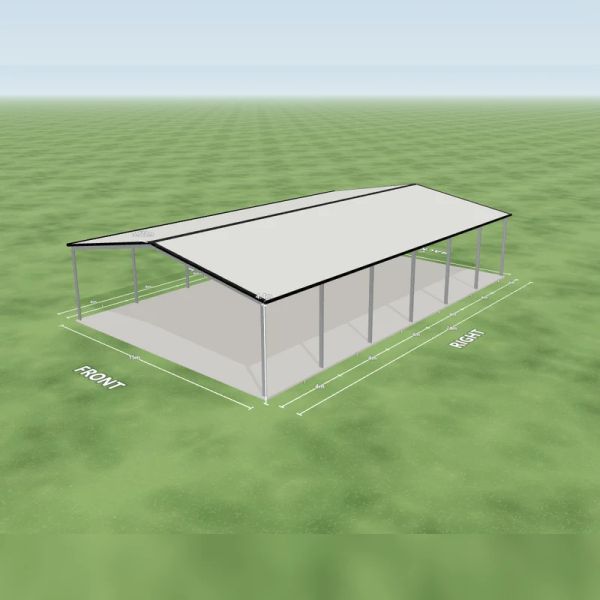 Sport covers and shed in Night Sky and Dover White, an open front end, an open rear end, six open bays on the left side and six open bays on the right side, on a 15 by 24 metre slab.