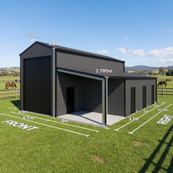 A large dark grey farm shed in a grassy field with horses, featuring a tall roller door and four side bays.
