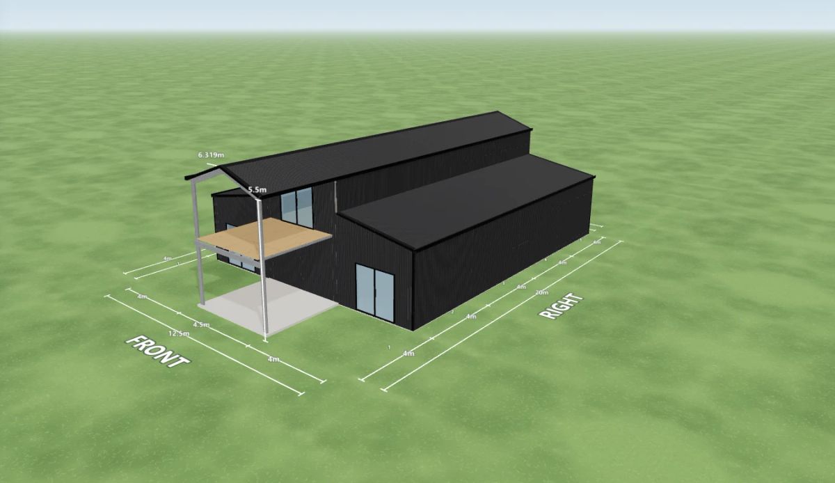 Barndominium 4.5 m wide by 20 m long with 5.5 m walls, one sliding door on the internal wall, one sliding door on the right awning end, one sliding door on the left awning end, a 4 m enclosed awning over four bays down the left side, a 4 m enclosed awning over four bays down the right side, an open front end and five mezzanine floors, Monument walls and a Monument American barn roof, shown in the Shed Designer 3D configurator.