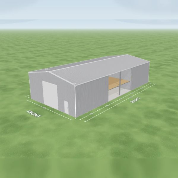Shearing shed in Zincalume and Zincalume, one Zincalume roller door 3.9 m wide and one PA door on the front, two open bays on the right side and four mezzanine floors, on a 12 by 24 metre slab.
